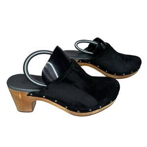 UGG Abbie Women's Sheepskin Black Suede and Wood Clog Wood Heels Mules Size 7